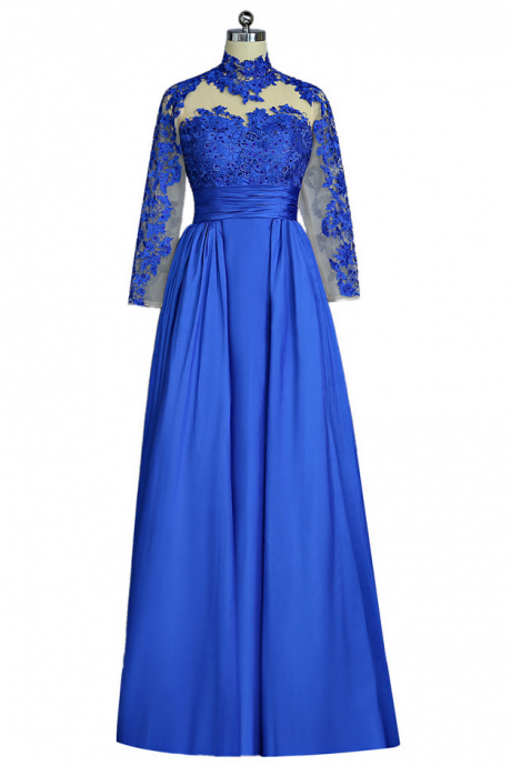 Royal Blue Prom Dresses A-line Long Sleeves Appliques Open Back Sexy Women Long Prom Gown Evening Dresses Robe De Soiree