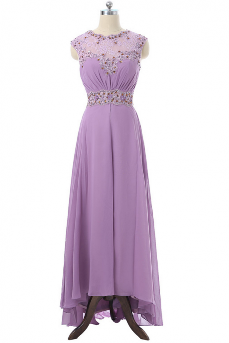 Lavender Prom Dresses A-line Cap Sleeves Chiffon Beaded Hi Low Lace Beaded Long Prom Gown Evening Dresses Robe De Soiree
