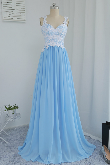 Sky Blue Prom Dresses A-line Spaghetti Straps Chiffon Appliques Lace Long Prom Gown Evening Dresses Evening Gown