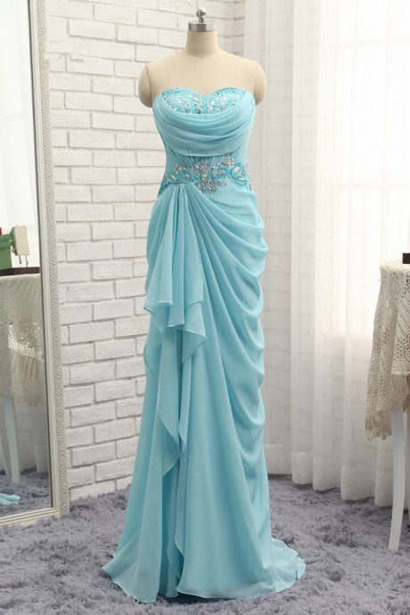 Sexy Prom Dresses Mermaid Sweetheart Turquoise Chiffon Crystals Bead Slit Prom Gown Evening Dresses Evening Gown