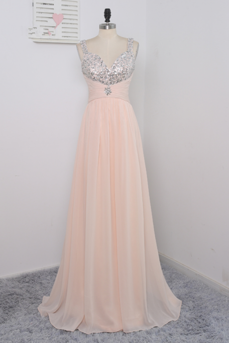 Coral Prom Dresses A-line Spaghetti Straps Sequins Crystals Sexy Long Prom Gown Evening Dresses Evening Gown