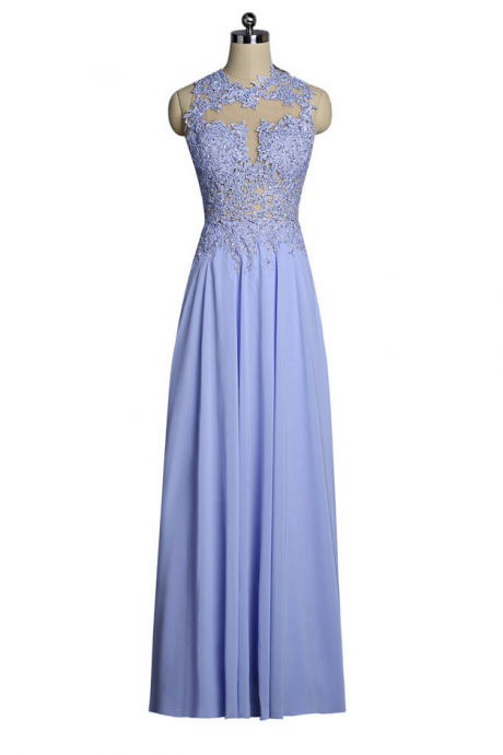 Blue Prom Dresses A-line High Collar Chiffon Appliques Lace Beaded Open Back Long Prom Gown Evening Dresses Robe De Soiree