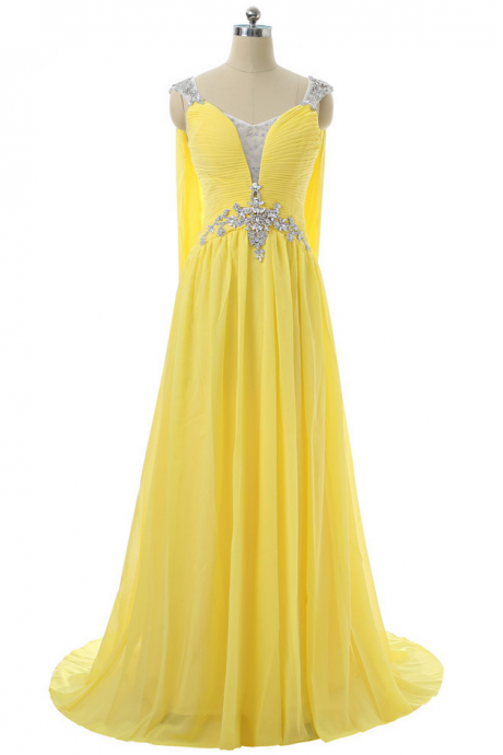 Yellow Prom Dresses A-line V-neck Cap Sleeves Chiffon Crystals Backless Long Prom Gown Evening Dresses Robe De Soiree