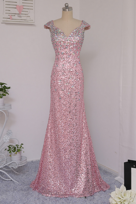 Pink Prom Dresses Mermaid Cap Sleeves Sequins Long Backless Prom Gown Evening Dresses Evening Gown