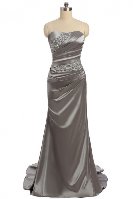 Gray Prom Dresses Mermaid Sweetheart Sweep Train Satin Beaded Long Prom Gown Evening Dresses Evening Gown