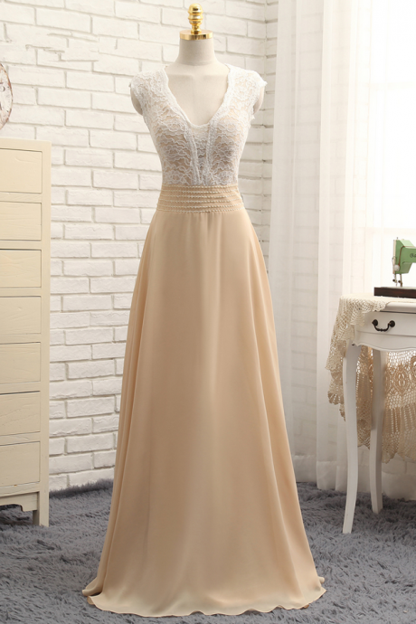 Champagne Prom Dresses A-line V-neck Floor Length Chiffon Lace Beaded Long Prom Gown Evening Dresses Evening Gown
