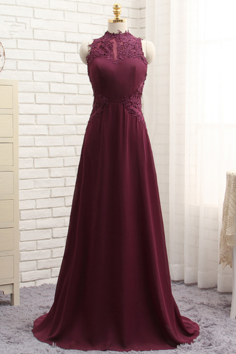 Purple Prom Dresses A-line High Collar Floor Length Chiffon Lace Long Prom Gown Evening Dresses Evening Gown