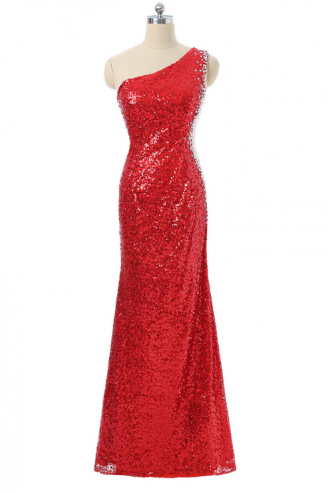 Red Prom Dresses Mermaid One-shoulder See Through Sequins Sparkle Beaded Long Prom Gown Evening Dresses Robe De Soiree