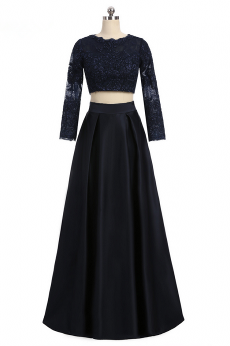 Navy Blue Prom Dresses A-line High Collar Long Sleeves Two Pieces Appliques Lace Prom Gown Evening Dresses Evening Gown