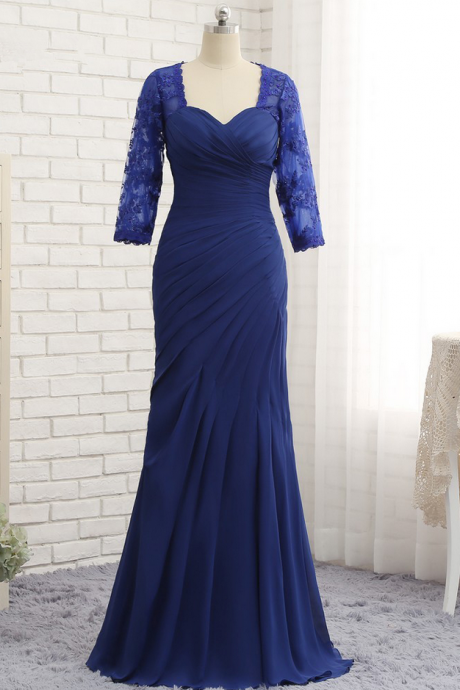  Royal Blue Mother Of The Bride Dresses Mermaid 3/4 Sleeves Lace Long Evening Dresses Mother Dresses For Wedding