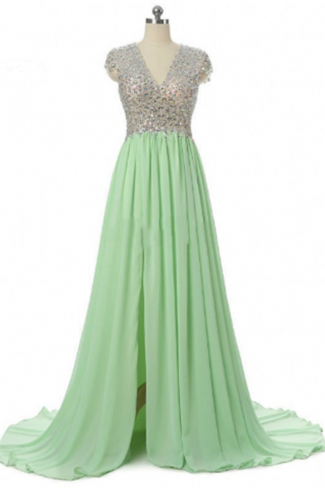 Long Evening Dresses Green Slit Crystals Beaded Prom Party Dresses Custom