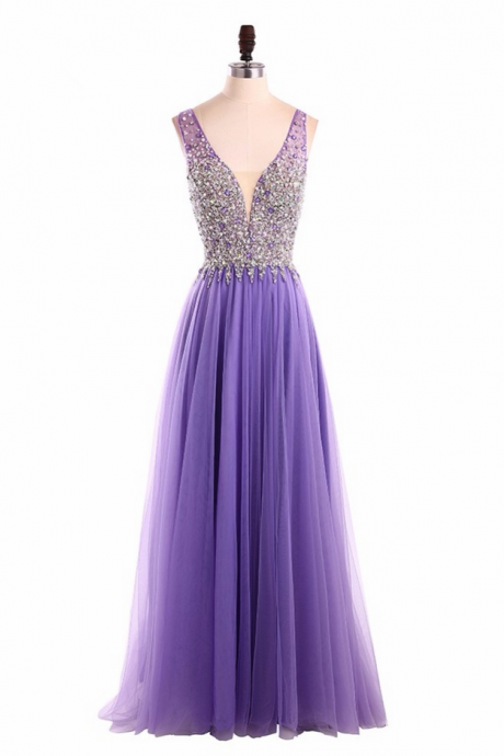 Long Purple Evening Dress Robe De Soiree V Neck Sequins Beading Luxury Tiered Formal Year Dresses