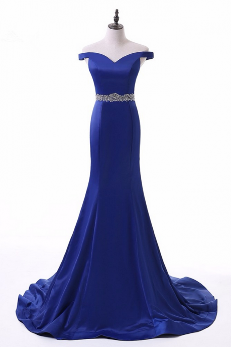 Ashion Sexy Mermaid V Neck Empire Waistline Beading Blue Long Evening Dresses Court Train Women Dresses