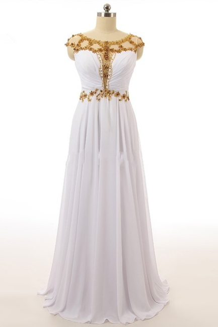 Elegant White Chiffon Evening Dresses Cap Sleeves Gold Beads Shirred Bodice Formal Dresses