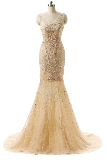 Gorgeous Champagne Mermaid Evening Dresses Real Beads Embroidery Crystal Long Formal Party