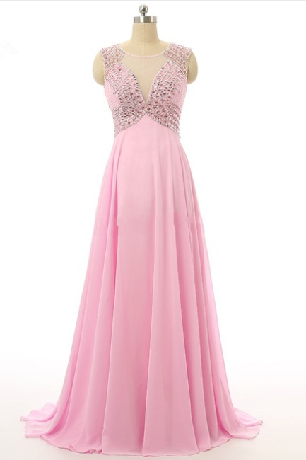 Robe De Soiree Real Samples Long Pink Evening Dresses Scoop Sleeveless Beaded Custom Made Long Formal Dresses