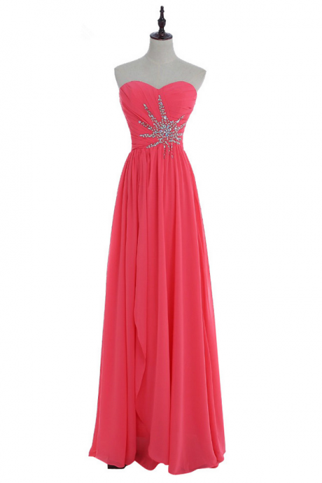 Long Chiffon Coral Pink Prom Dress Spring Crystal Beaded Lace