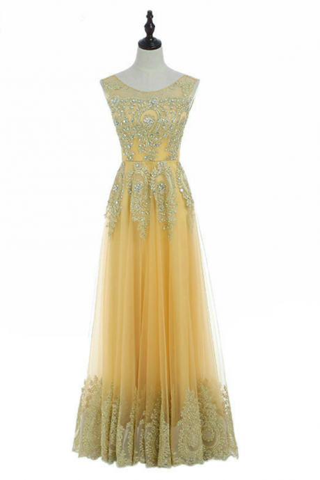 Long Gold Crystal Prom Dress Corset Back Formal Elegant Dresses
