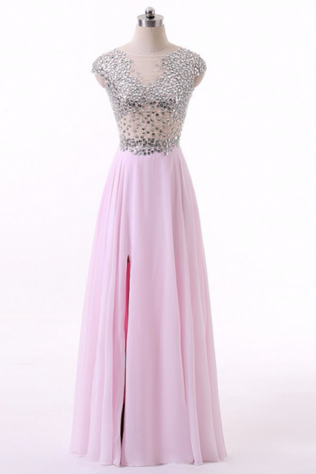 Women Pink Elegant Long Chiffon Evening Dresses Open Skirt Sequined Top Dress Party Custom Dress