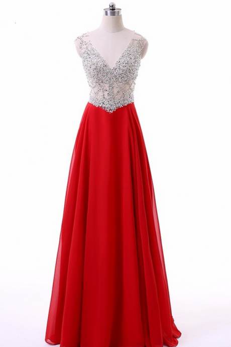 Fashion Top Crystal Beading Chiffon Skirt Women Red Long Evening Dresses Robe De Soiree V Neck Formal Dress