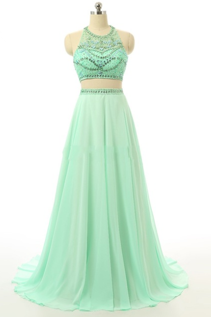 Light Blue Custom Made Long 2 Piece Evening Dresses Prom Gown Crystal Beaded Cocktail Rhinestone Party Dresses