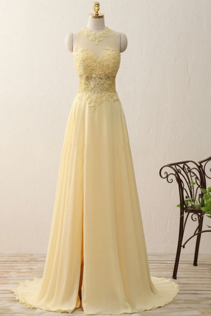 Custom Real Yellow Long Evening Dresses A Line Scoop See Through Appliques Beaded Robe De Soiree Party Dresses