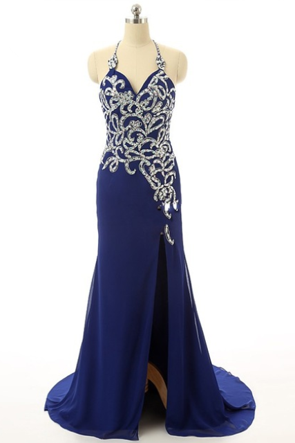 Elegant Long Mermaid Evening Dress Halter Sequined Backless Sweep Train Women Formal Evening Gowns