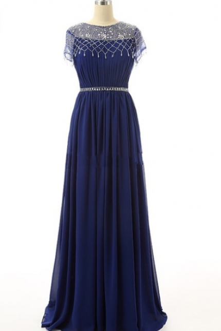 Robe De Soiree Navy Blue Long Chiffon Evening Dress A-line Cap Sleeve Rhinestone Vestido De Festa Formal Dresses