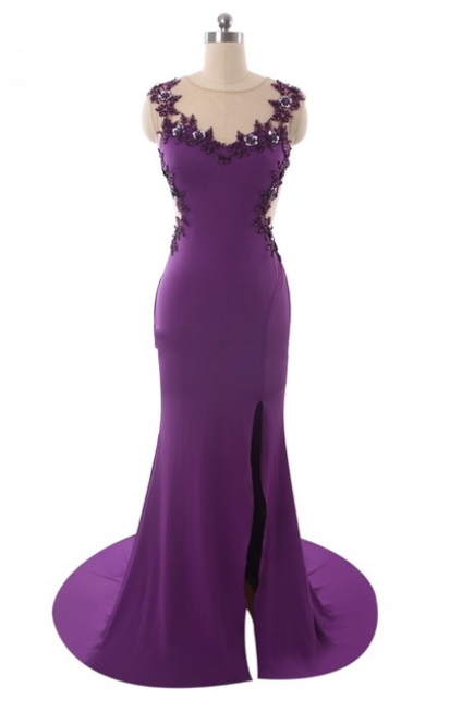 Purple Formal Party Gowns Long Evening Dresses Robe De Soiree Appliques See-through Back