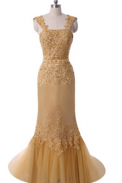 High Quality Scalloped Sleeveless Golden Embroidery Beaded Evening Dress Gown Robe De Soiree Custom Made