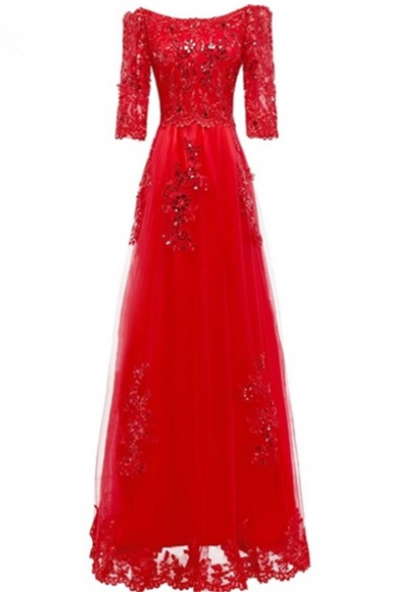 New Floor Length Boat Neck Long Evening Dresses Elegant Plus Size Red Ladies Appliques Cheap Sequin Mother of the Bride