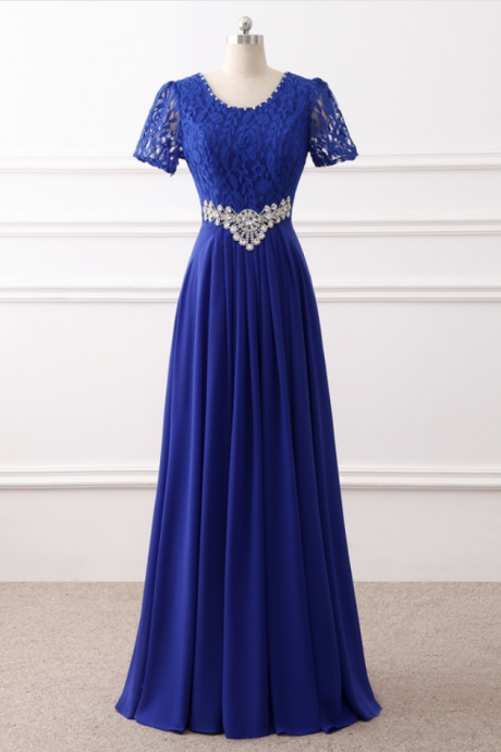 Long Lace Crystal Evening Dress Elegant Royal Blue Party Chiffon Formal With Sleeve Soiree Longue Gown