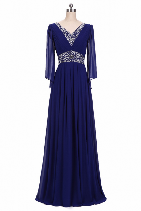 Beaded Long Sleeve Chiffon Evening Dresses Royal Blue Turquoise Red Dubai Kaftan Plus Size Mother Of The Bride For Women