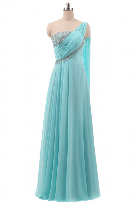 One Shoulder Long Green Elegant Beaded A Line Evening Dresses Beautiful Chiffon Formal Party Women Gown