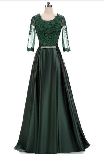 Long Green Satin Half Sleeve Women Lace Crystal Elegant Formal Evening Dresses China Robe De Soiree Mother Of The Bride