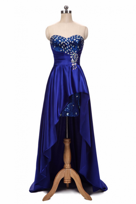 Royal Blue Short Front Long Back Party Prom Dress Crystal Special Formal Luxury Sweetheart Long