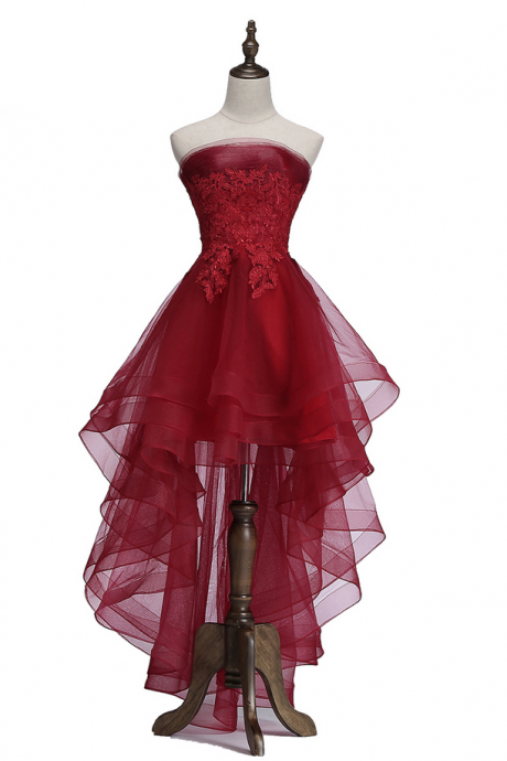 Elegant Wine Red Cocktail Dress Bride Banquet Strapless Short Front Long Back Party Formal Gown Robe De Soiree