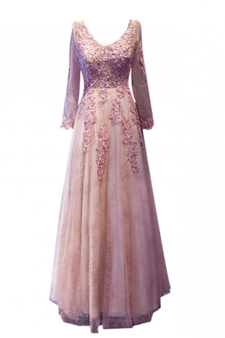Evening Dress The Bride Banquet Sweet Pink Lace Long-sleeved V-neck Embroidery Floor-length Formal Party Gown
