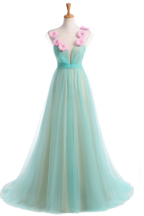 Summer Evening Dress Sweet Candy Color Light Green Flower V-neck Long Prom Dresses Custom Party Formal Gown