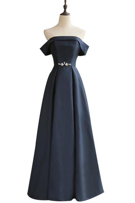 Simple Elegant Dark Blue Thick Satin Long Evening Dress Bride Banquet Floor-length Formal Party Gown Robe De Soiree