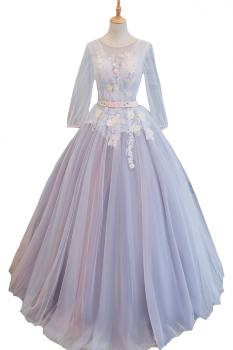 Sweet Lace Flower Prom Dress Long Sleeved Appliques With Beading Floor-length Tulle Party Formal Gown Custom Made