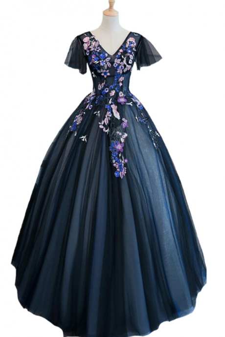 New The Banquet Elegant Long Prom Dress Navy Blue Lace Flower V-neck Floor-length Evening Party Gown Robe De Soiree