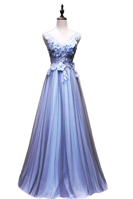 High-end Long Evening Dress The Bride Banquet Luxury V-neck Blue Lace Flower Beading Floor-length Prom Party Gown