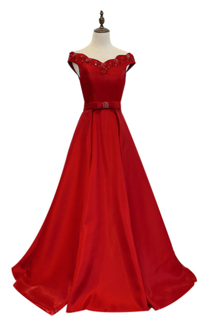 Red Evening Dress The Bride Married Luxury Satin Wth Beading Boat Neck Floor-length Long Prom Dresses Party Gowns