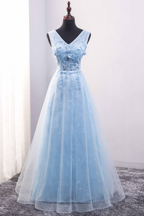 Long Evening Dress The Bride Light Blue Lace Flower V Collar Floor-length Banquet Elegant Formal Party Gown Custom