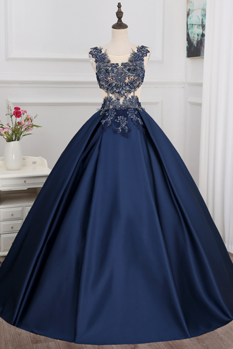 Elegant Long Satin Evening Dress The Bride Banquet Dark Blue Lace Beading Sleeveless A-line Prom Dress Party Gown