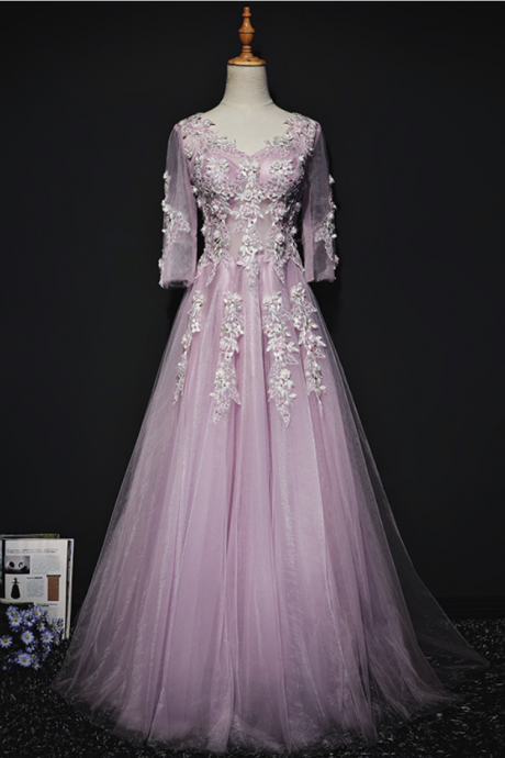 Evening Dress Sweet Light Purple Lace Flower Long Sleeved V-neck Floor-length Elegant Formal Party Gowns Custom
