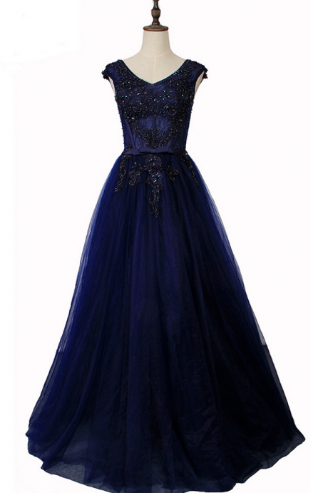 Banquet Elegant Navy Blue Long Evening Dress V-neck Lace Flower With Beading Floor-length Prom Formal Party Gown