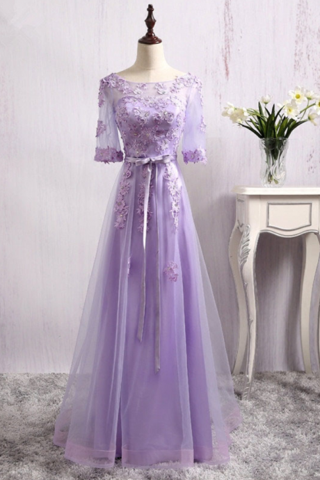 Robe De Soiree Evening Dress Banquet Elegant Light Purple Lace Flower Appliques Half Sleeves Long Party Prom Dress