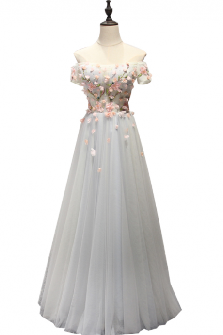 Sweet Lace Flower Evening Dress Boat Neck Floor-length Long Formal Dresses Bride Banquet Elegant Party Gown